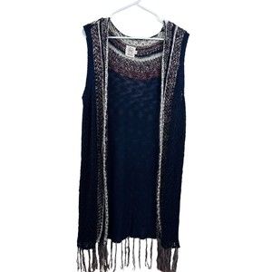 Grace & Emma Crotchet Vest Top Fringe Women M/L Sleeveless Blue Multi Color Boho